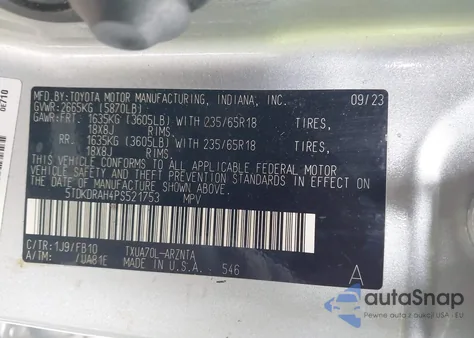 2023 Toyota Highlander L z USA, uszkodzony, nr VIN 5TDKDRAH4PS521753